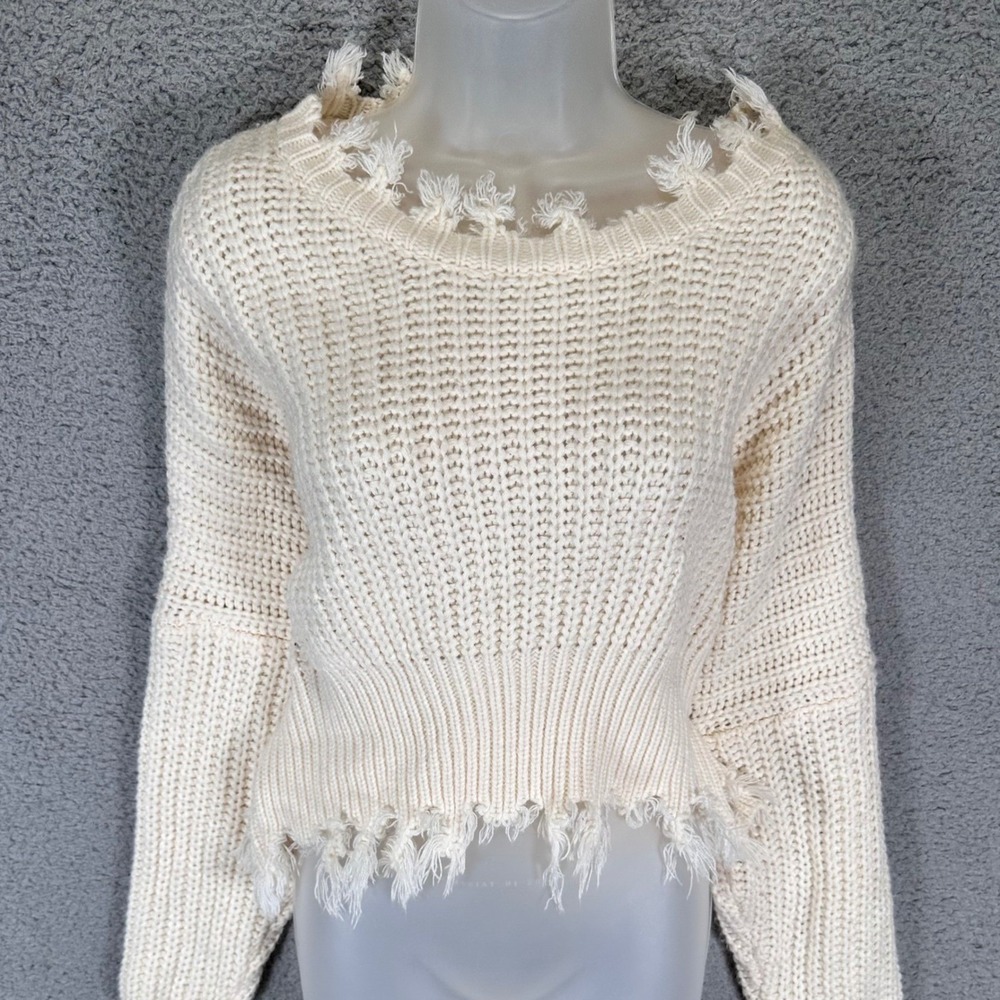 Cropped Sweater Cream Knit Oversized Frayed Women's‎ M/L Grunge Thrashed Event - Picture 15 of 16